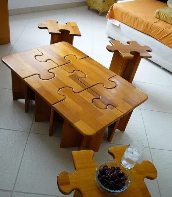 Puzzle Shaped Table And Stools