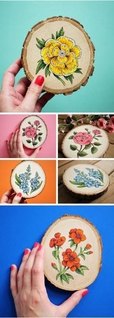 30 Etching Inspired Flowers Painted On Wood Slices