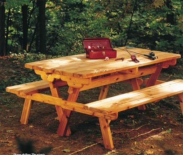 Bright Picnic Table With Attached Benches