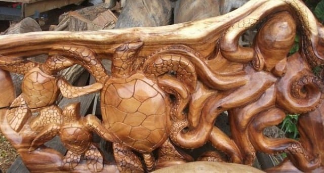 Contemporary Hawaiian Wood Carvings Displaying Sea Turtles And An Octopus By Master Woodcarver Maile Niu