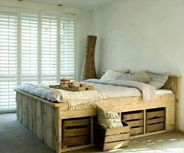 Pallet Bed Frame With Modular Crate Storage Space